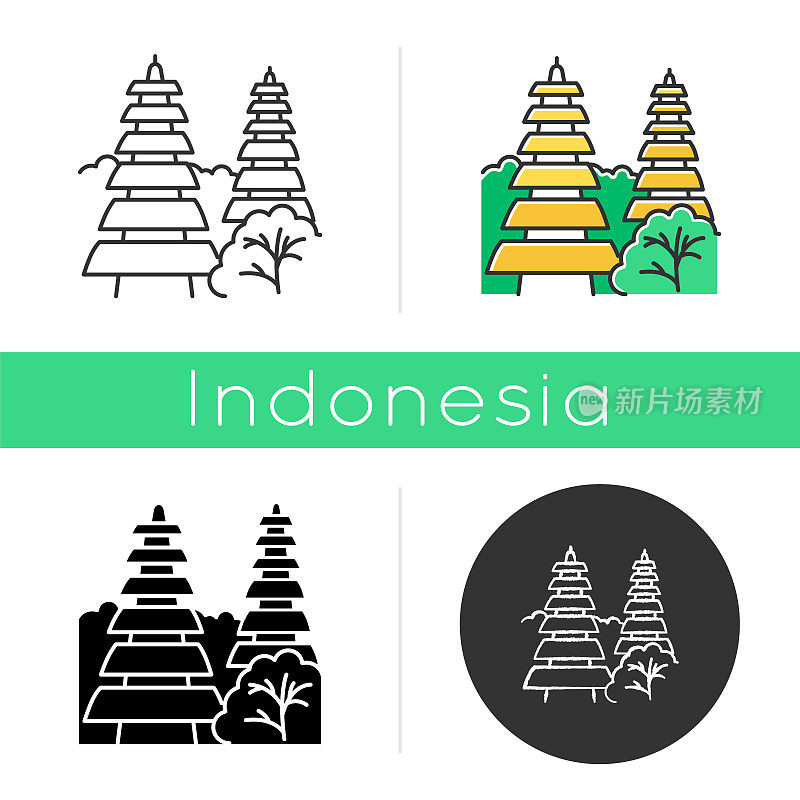 Pura tanah lot寺庙在巴厘岛的图标。印尼的旅游目的地和宗教场所。有草屋顶的印度教寺庙。线性，黑色，粉笔和颜色风格。孤立的矢量插图